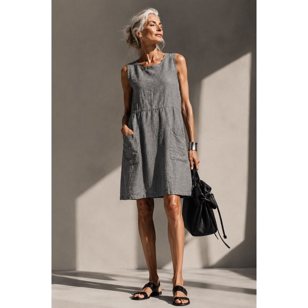Flax 100% Linen Gray Sleeveless Pocket Dress Lithuania Size S Pockets Lagenlook